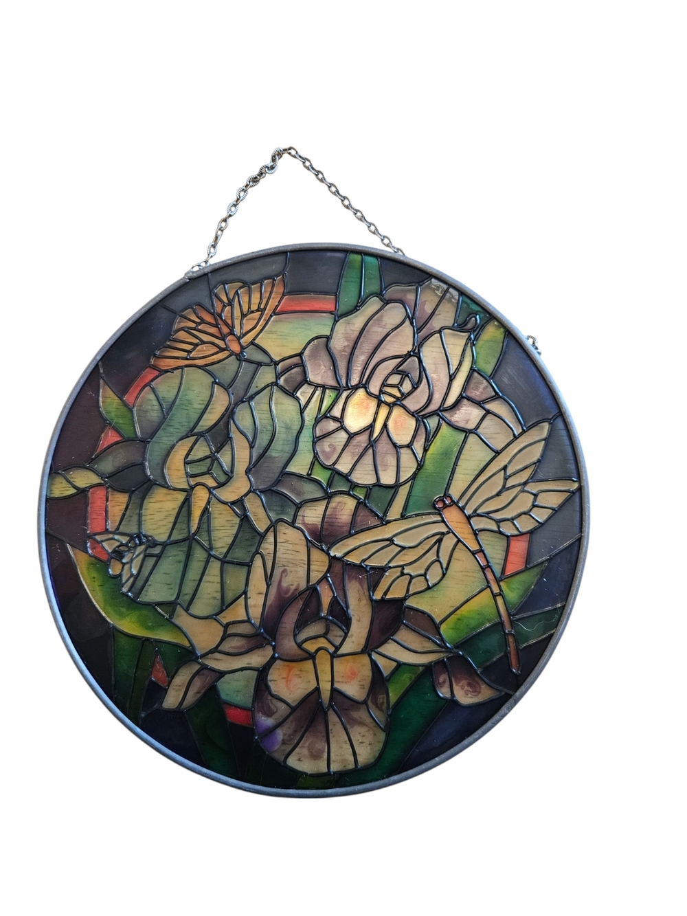 Joan Baker Dragonfly Floral Stained Glass Suncatcher 6.5 Round Hand Painted